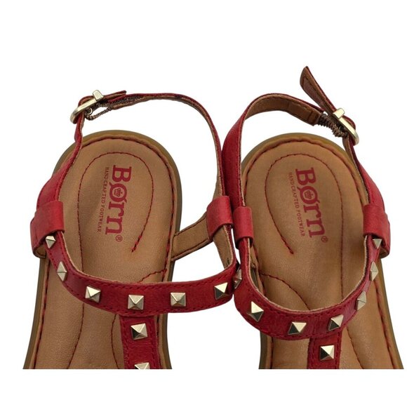 Women's - Born Adana Red Leather Studded T-Strap Sandals, Size 6 - Picture 3 of 5